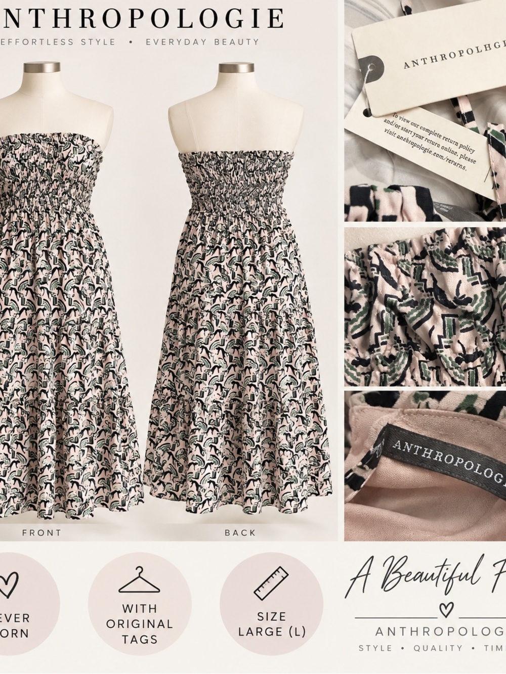 Anthropologie Pink Black and Green Floral Strapless Smocked Midi Dress
